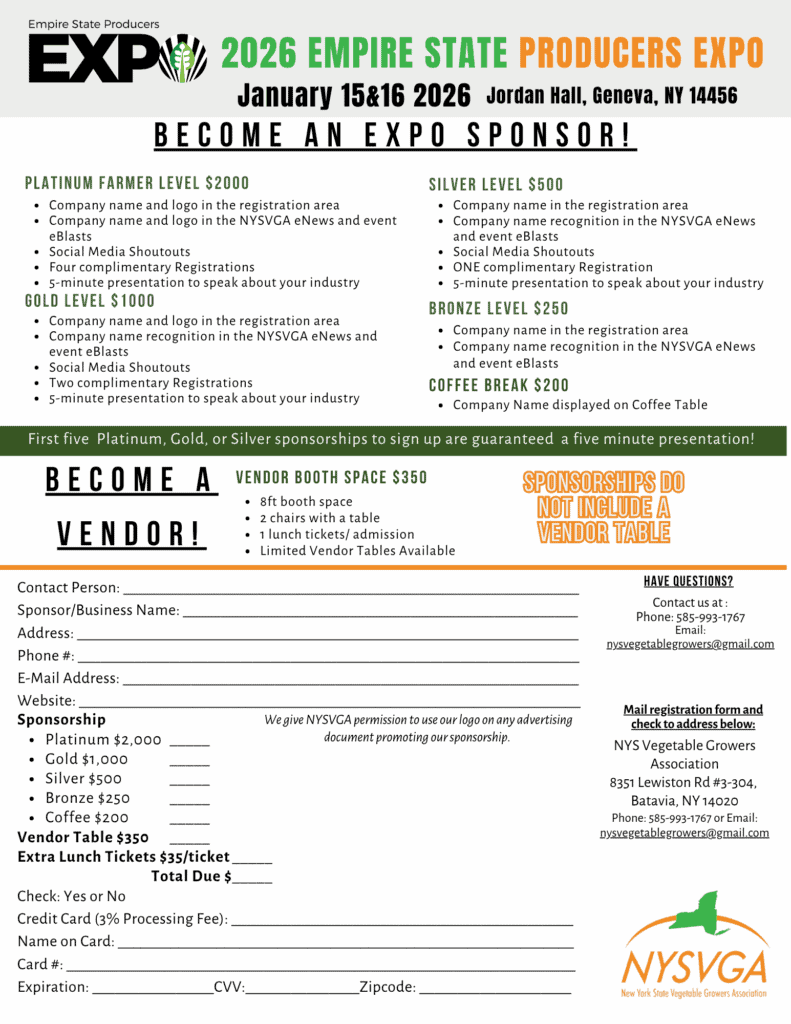 Vegetable Growers Association of New York State promoting agriculture, networking, and industry events for local farmers and vendors at the Empire State Producers Expo.